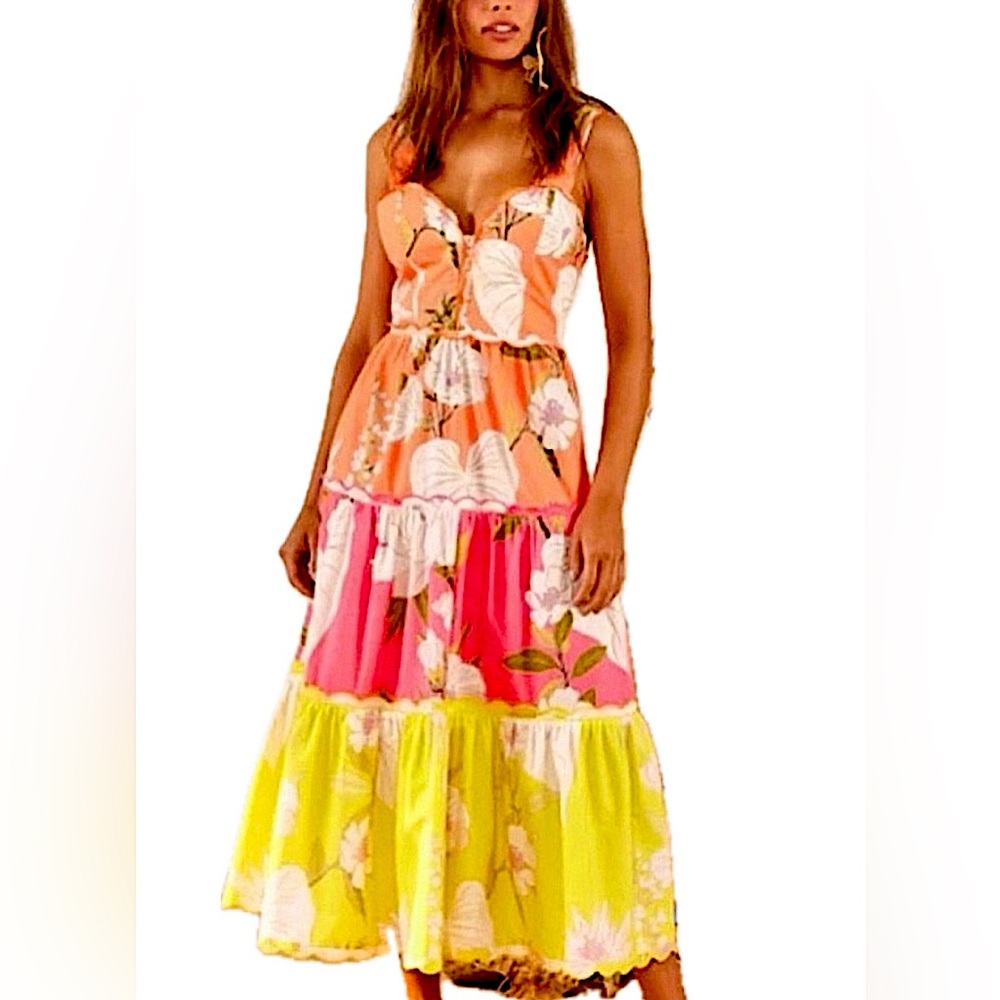 FARM RIO MIXED NEON GARDEN MIDI DRESS SIZE L NWT